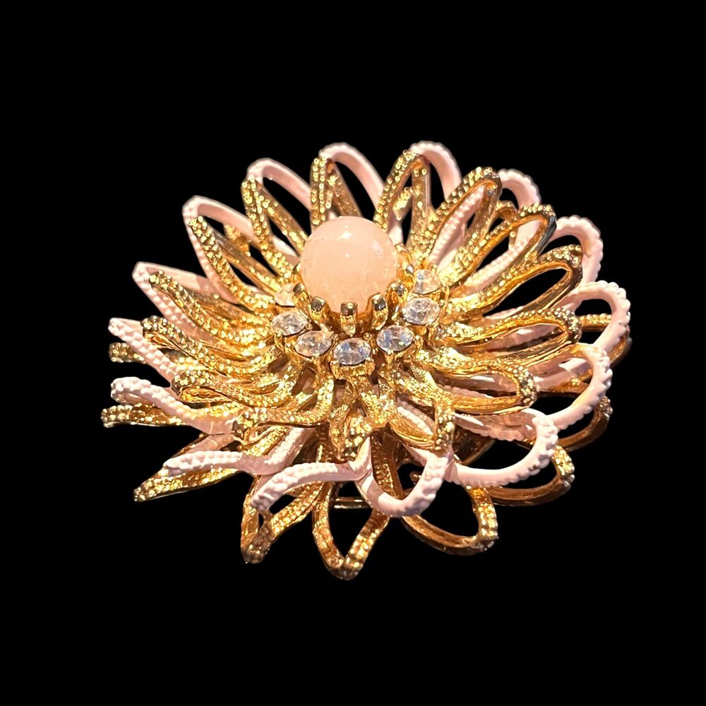 Vintage 1980s Flower Brooch Opalescent Cabochon Rhinestone Gold Tone - 1K